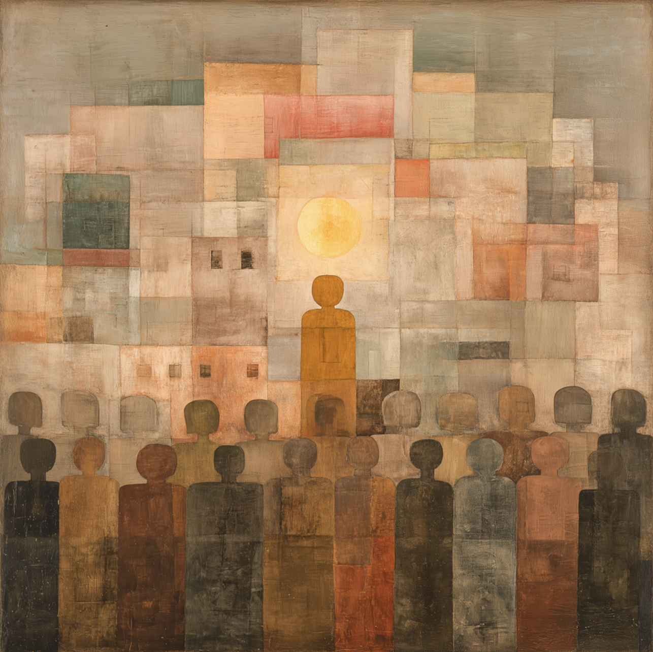 expressionist art representing The dissonance between individuality and commonality, between the self as unique and life as patterned with warm colors