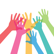 Six different rainbow colored outlines of hands.