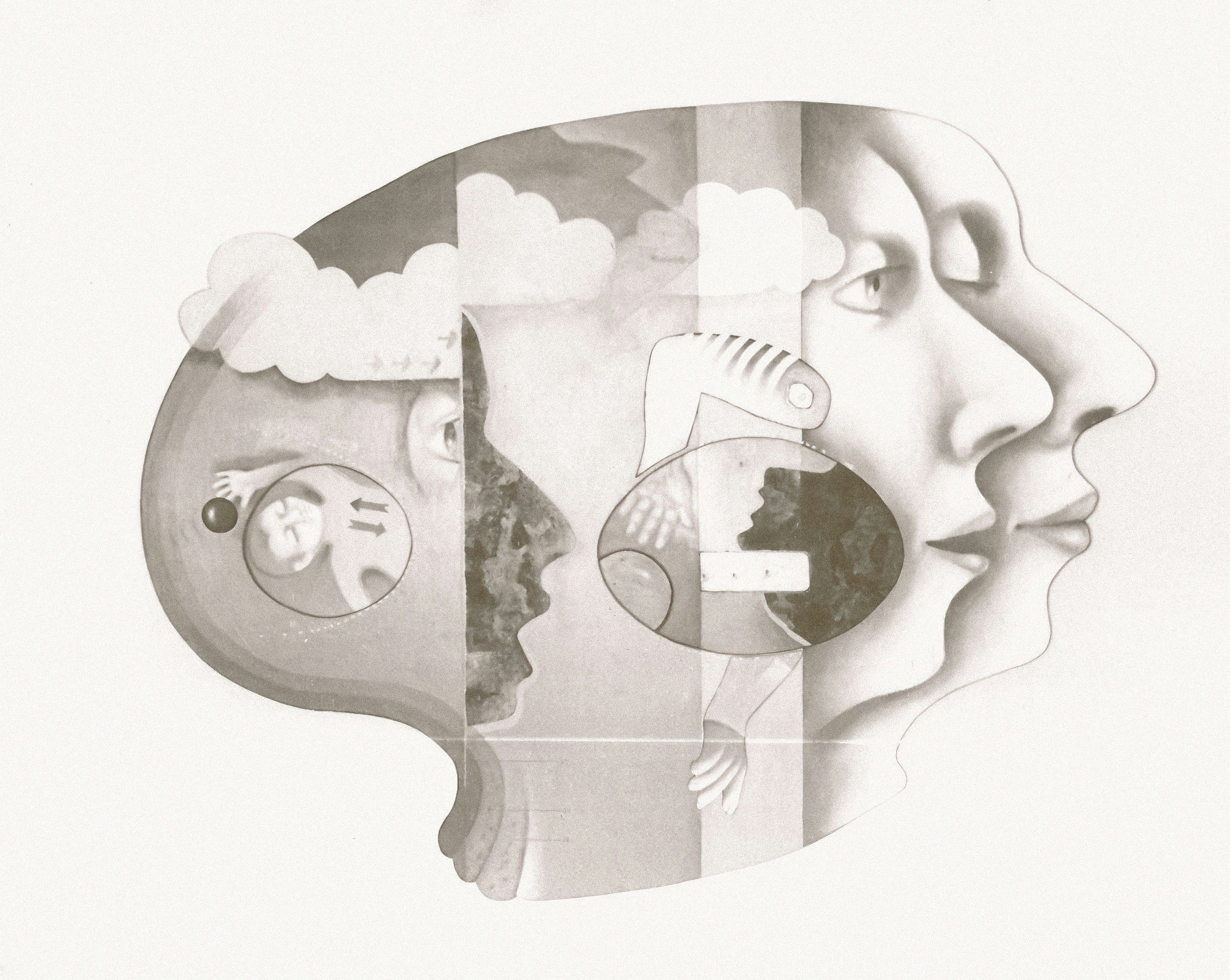 Surrealist grayscale collage of overlapping human head profiles containing layered dreamlike scenes.